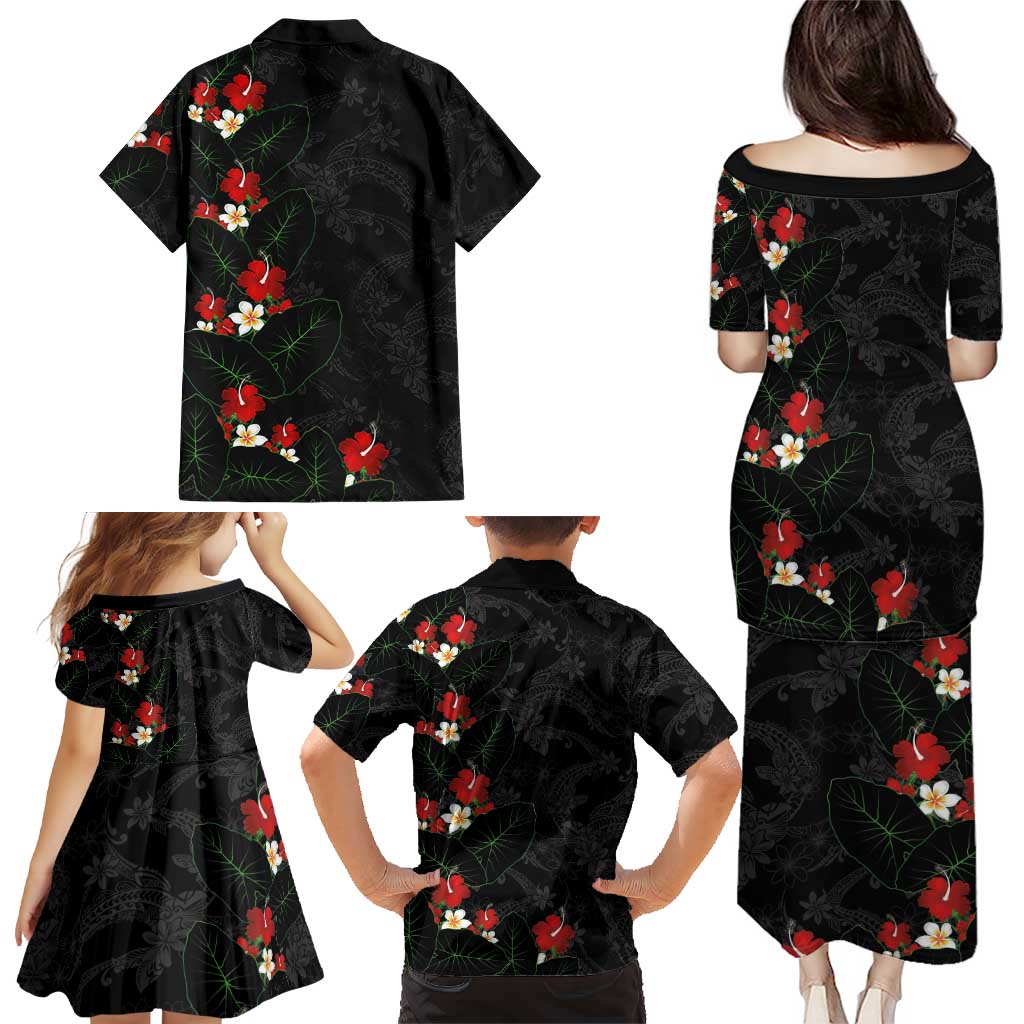 Hawaiian Taro Leaves-Hibiscus and Plumeria Family Matching Puletasi and Hawaiian Shirt Floral Tribal Tattoo Motif LT03 - Polynesian Pride