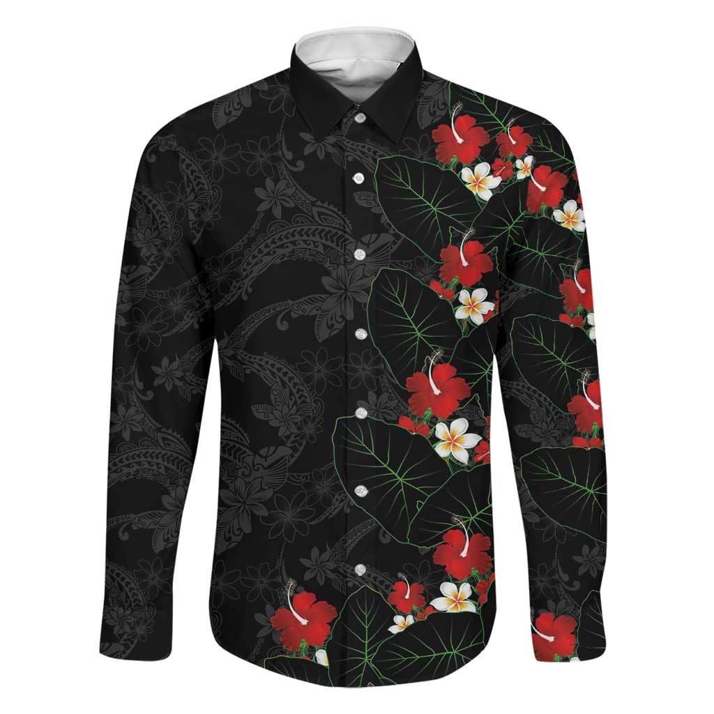 Hawaiian Taro Leaves-Hibiscus and Plumeria Family Matching Puletasi and Hawaiian Shirt Floral Tribal Tattoo Motif LT03 Dad's Shirt - Long Sleeve Black - Polynesian Pride