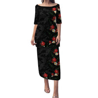 Hawaiian Taro Leaves-Hibiscus and Plumeria Family Matching Puletasi and Hawaiian Shirt Floral Tribal Tattoo Motif LT03 Mom's Dress Black - Polynesian Pride