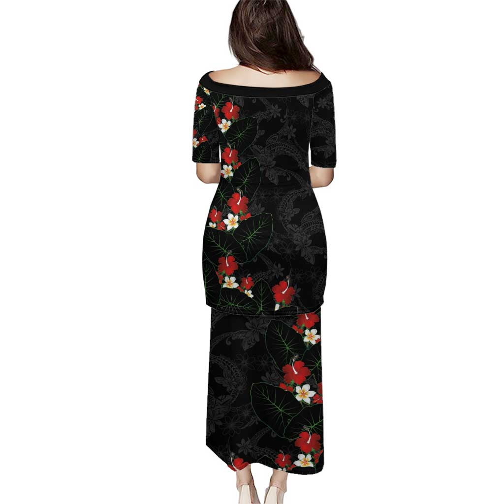 Hawaiian Taro Leaves-Hibiscus and Plumeria Family Matching Puletasi and Hawaiian Shirt Floral Tribal Tattoo Motif LT03 - Polynesian Pride