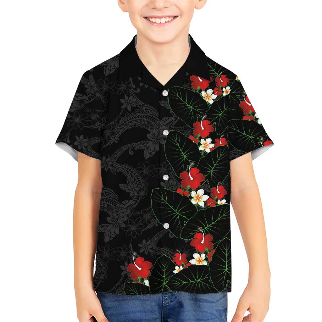 Hawaiian Taro Leaves-Hibiscus and Plumeria Family Matching Puletasi and Hawaiian Shirt Floral Tribal Tattoo Motif LT03 Son's Shirt Black - Polynesian Pride