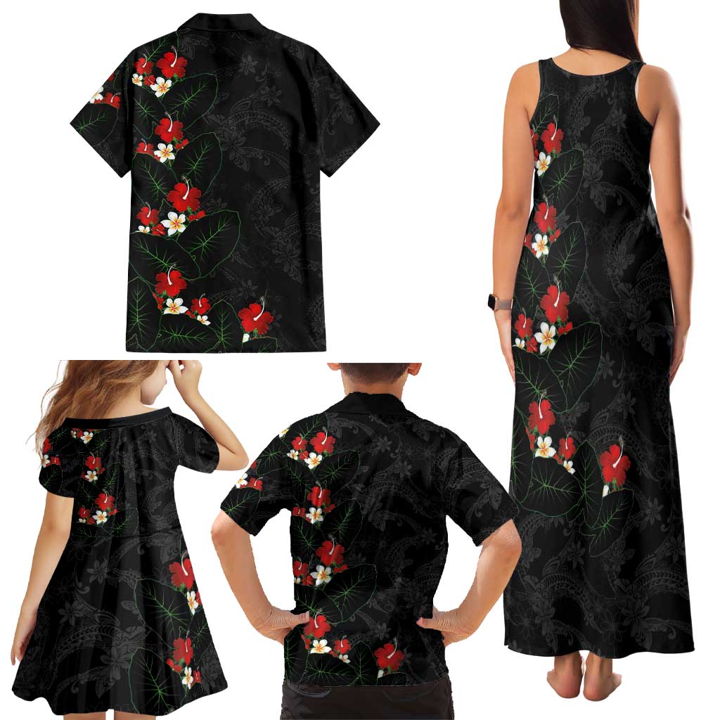 Hawaiian Taro Leaves-Hibiscus and Plumeria Family Matching Tank Maxi Dress and Hawaiian Shirt Floral Tribal Tattoo Motif