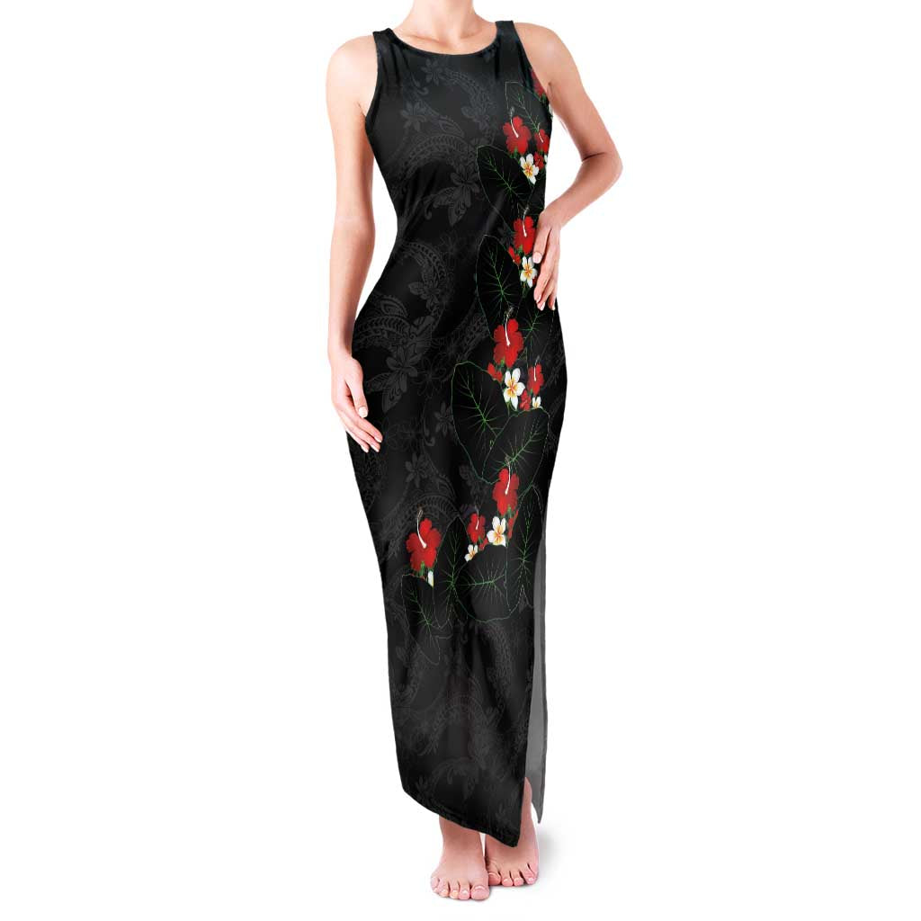 Hawaiian Taro Leaves-Hibiscus and Plumeria Family Matching Tank Maxi Dress and Hawaiian Shirt Floral Tribal Tattoo Motif