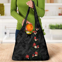 Hawaiian Taro Leaves-Hibiscus and Plumeria Grocery Bag Floral Tribal Tattoo Motif