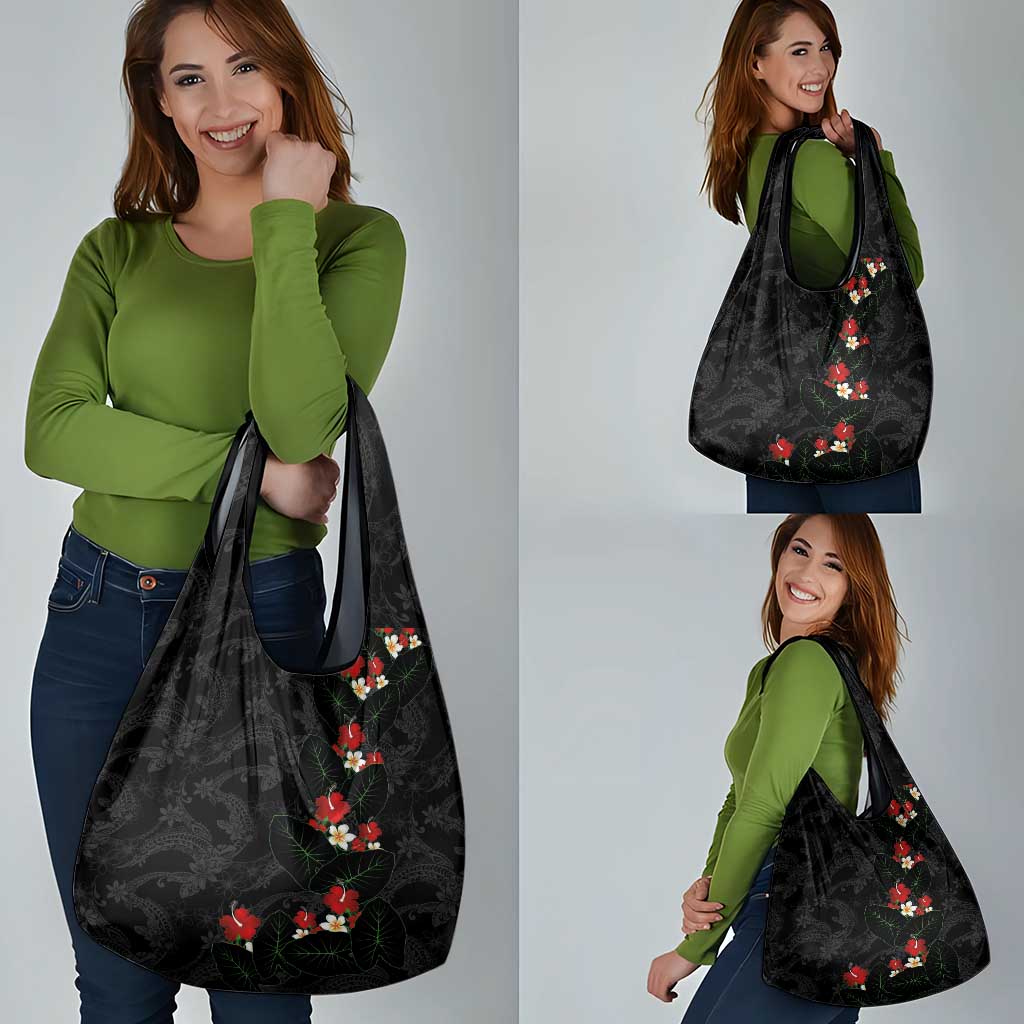 Hawaiian Taro Leaves-Hibiscus and Plumeria Grocery Bag Floral Tribal Tattoo Motif