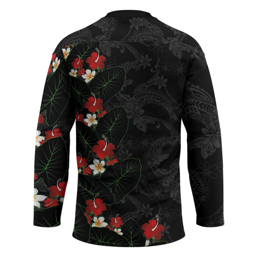 Hawaiian Taro Leaves-Hibiscus and Plumeria Hockey Jersey Floral Tribal Tattoo Motif