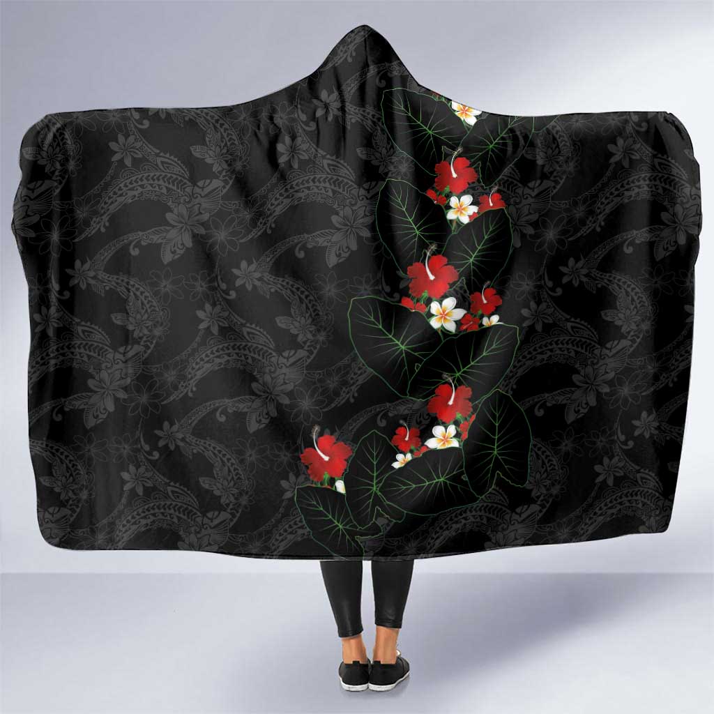 Hawaiian Taro Leaves-Hibiscus and Plumeria Hooded Blanket Floral Tribal Tattoo Motif
