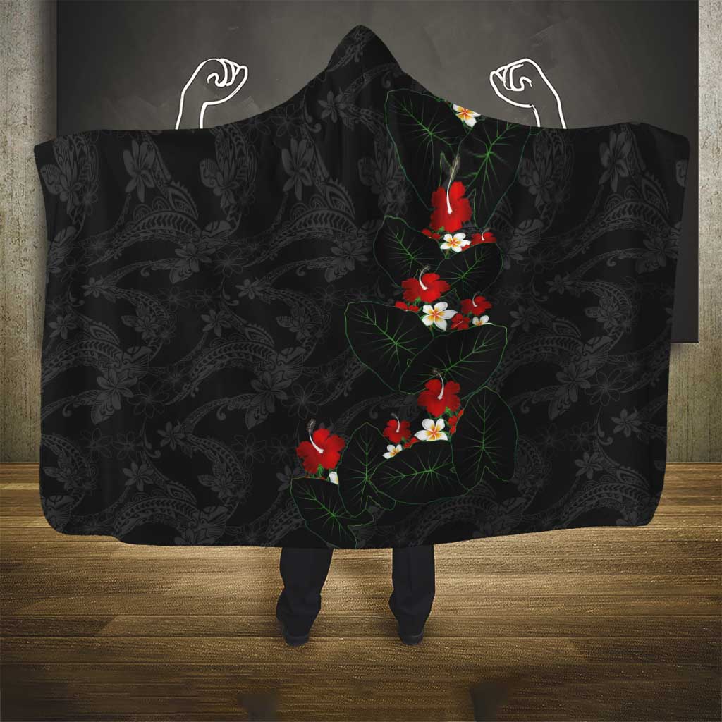 Hawaiian Taro Leaves-Hibiscus and Plumeria Hooded Blanket Floral Tribal Tattoo Motif