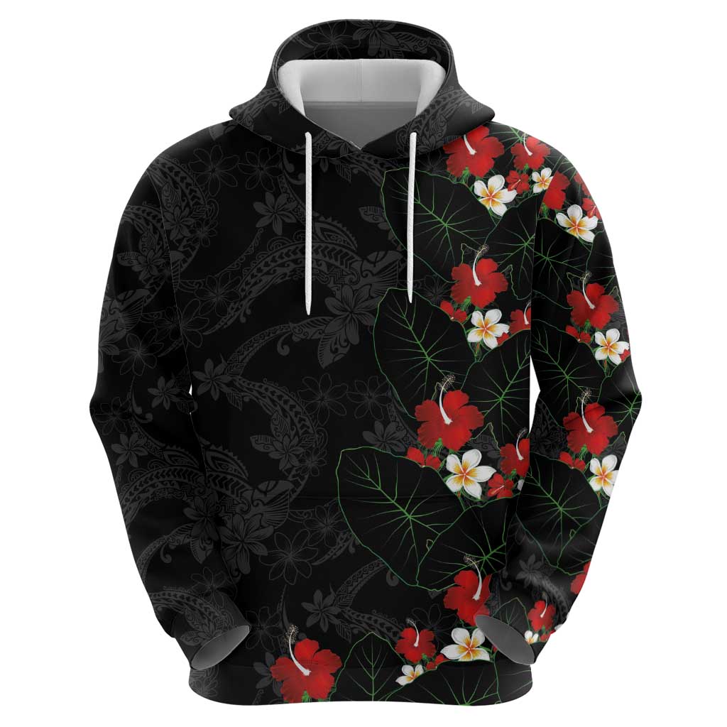 Hawaiian Taro Leaves-Hibiscus and Plumeria Hoodie Floral Tribal Tattoo Motif