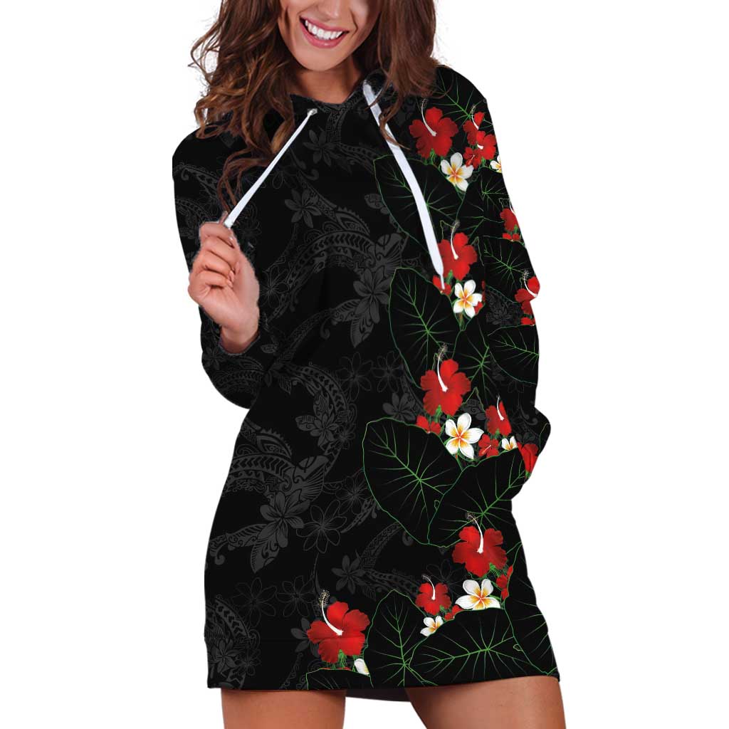 Hawaiian Taro Leaves-Hibiscus and Plumeria Hoodie Dress Floral Tribal Tattoo Motif