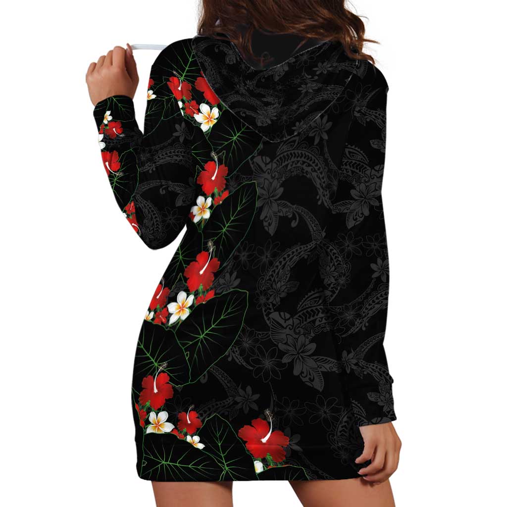 Hawaiian Taro Leaves-Hibiscus and Plumeria Hoodie Dress Floral Tribal Tattoo Motif