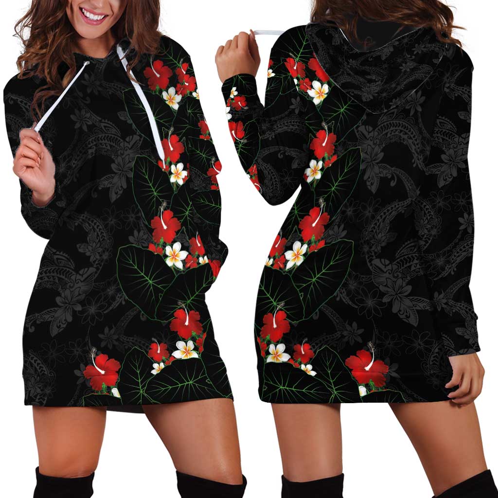 Hawaiian Taro Leaves-Hibiscus and Plumeria Hoodie Dress Floral Tribal Tattoo Motif