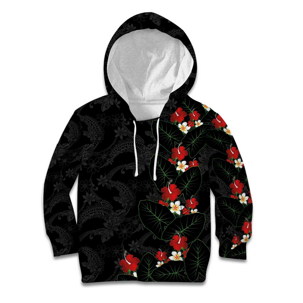 Hawaiian Taro Leaves-Hibiscus and Plumeria Kid Hoodie Floral Tribal Tattoo Motif