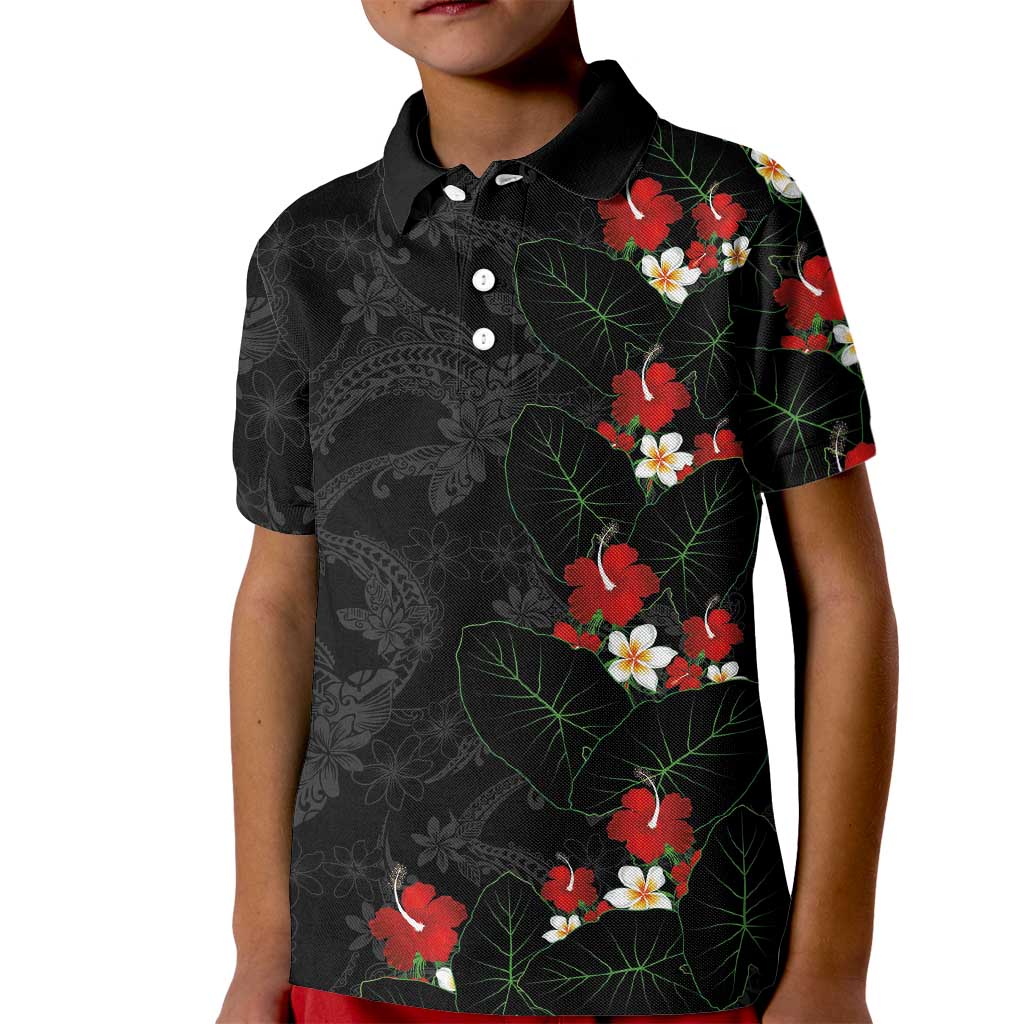 Hawaiian Taro Leaves-Hibiscus and Plumeria Kid Polo Shirt Floral Tribal Tattoo Motif