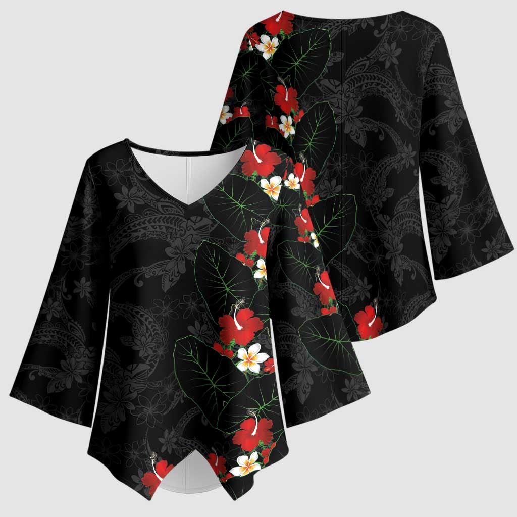 Hawaiian Taro Leaves-Hibiscus and Plumeria Kimono Sleeve Blouse Floral Tribal Tattoo Motif