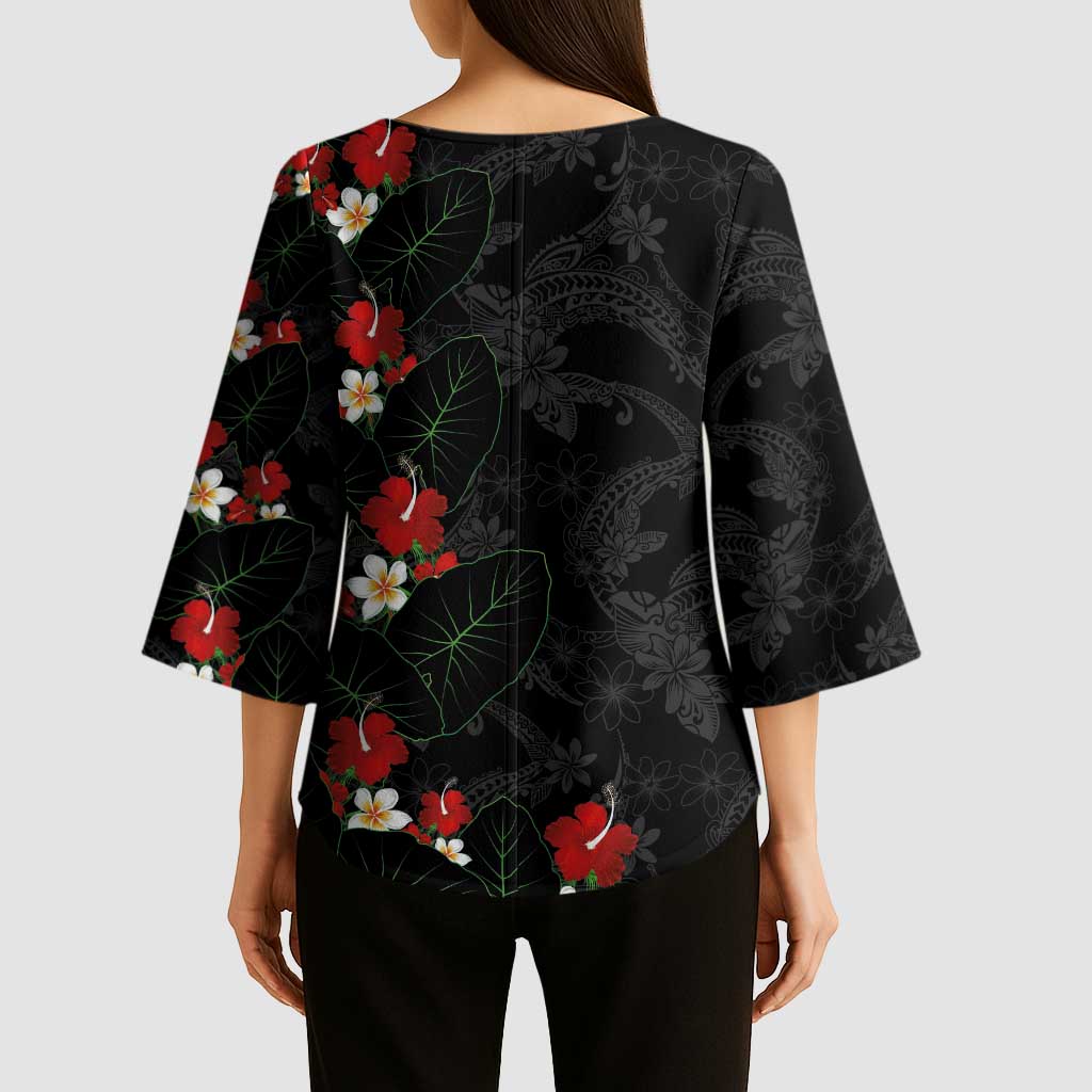 Hawaiian Taro Leaves-Hibiscus and Plumeria Kimono Sleeve Blouse Floral Tribal Tattoo Motif