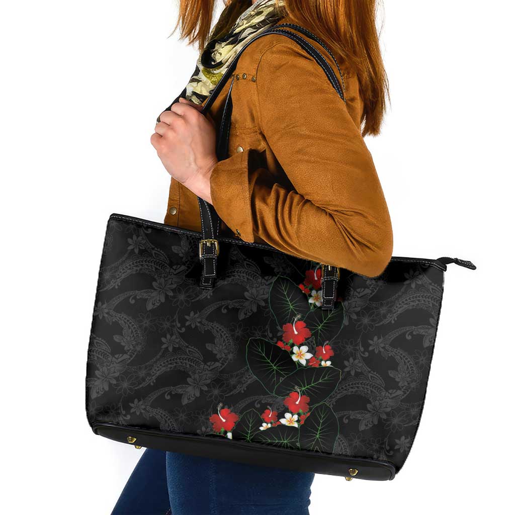Hawaiian Taro Leaves-Hibiscus and Plumeria Leather Tote Bag Floral Tribal Tattoo Motif LT03 Black - Polynesian Pride