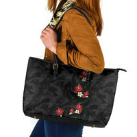 Hawaiian Taro Leaves-Hibiscus and Plumeria Leather Tote Bag Floral Tribal Tattoo Motif LT03 Black - Polynesian Pride