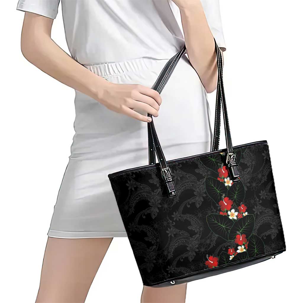 Hawaiian Taro Leaves-Hibiscus and Plumeria Leather Tote Bag Floral Tribal Tattoo Motif LT03 - Polynesian Pride