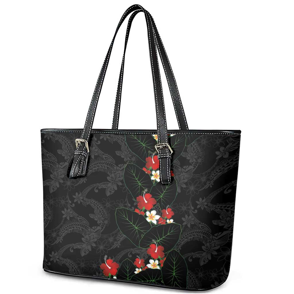 Hawaiian Taro Leaves-Hibiscus and Plumeria Leather Tote Bag Floral Tribal Tattoo Motif LT03 - Polynesian Pride