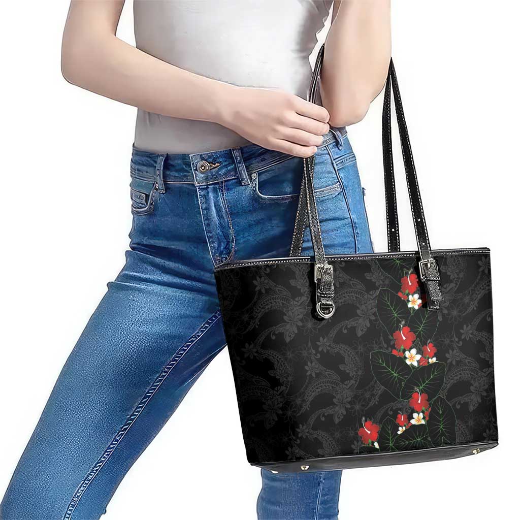 Hawaiian Taro Leaves-Hibiscus and Plumeria Leather Tote Bag Floral Tribal Tattoo Motif LT03 - Polynesian Pride