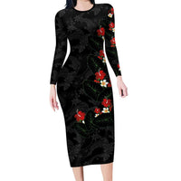 Hawaiian Taro Leaves-Hibiscus and Plumeria Long Sleeve Bodycon Dress Floral Tribal Tattoo Motif