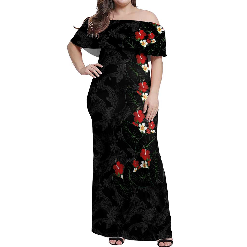 Hawaiian Taro Leaves-Hibiscus and Plumeria Off Shoulder Maxi Dress Floral Tribal Tattoo Motif