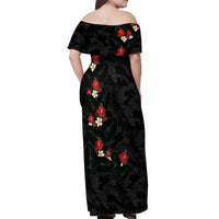 Hawaiian Taro Leaves-Hibiscus and Plumeria Off Shoulder Maxi Dress Floral Tribal Tattoo Motif