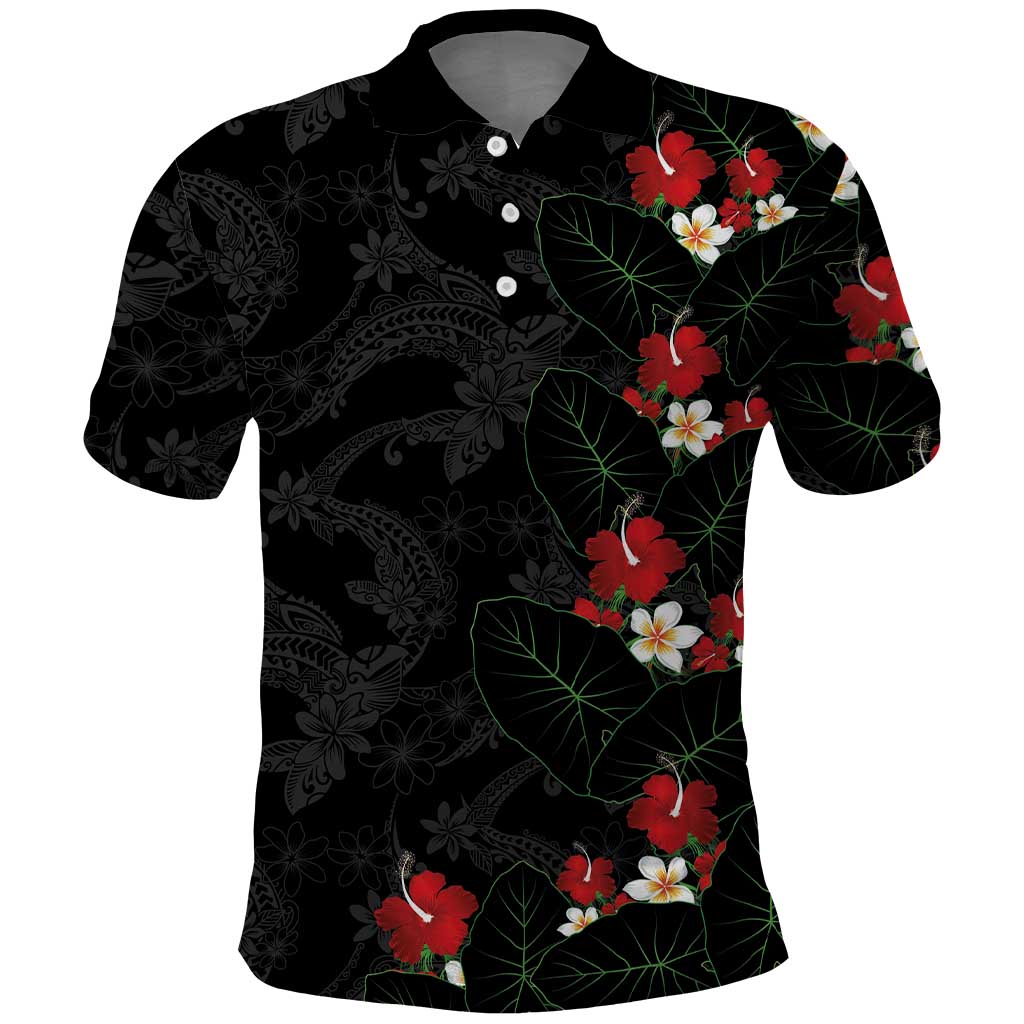 Hawaiian Taro Leaves-Hibiscus and Plumeria Polo Shirt Floral Tribal Tattoo Motif
