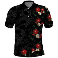 Hawaiian Taro Leaves-Hibiscus and Plumeria Polo Shirt Floral Tribal Tattoo Motif