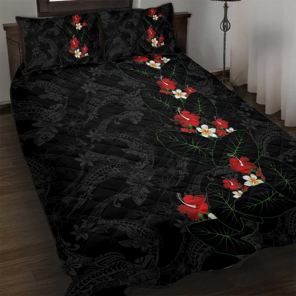 Hawaiian Taro Leaves-Hibiscus and Plumeria Quilt Bed Set Floral Tribal Tattoo Motif LT03 Black - Polynesian Pride