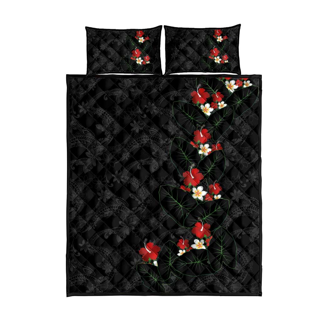 Hawaiian Taro Leaves-Hibiscus and Plumeria Quilt Bed Set Floral Tribal Tattoo Motif LT03 - Polynesian Pride
