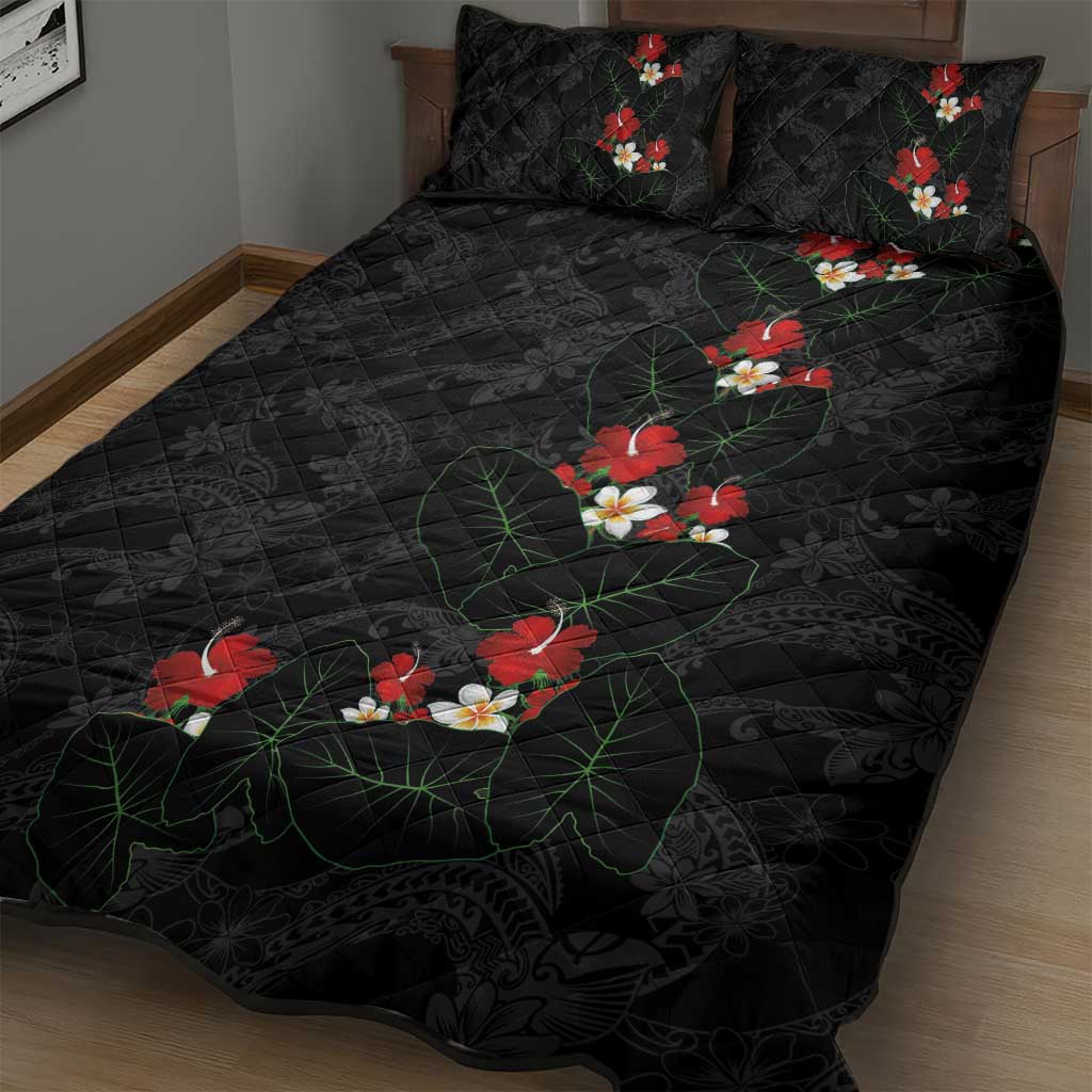 Hawaiian Taro Leaves-Hibiscus and Plumeria Quilt Bed Set Floral Tribal Tattoo Motif LT03 - Polynesian Pride
