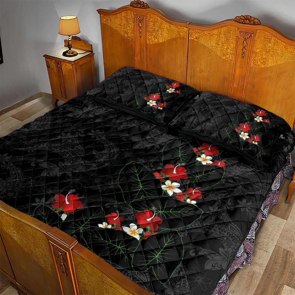 Hawaiian Taro Leaves-Hibiscus and Plumeria Quilt Bed Set Floral Tribal Tattoo Motif LT03 - Polynesian Pride