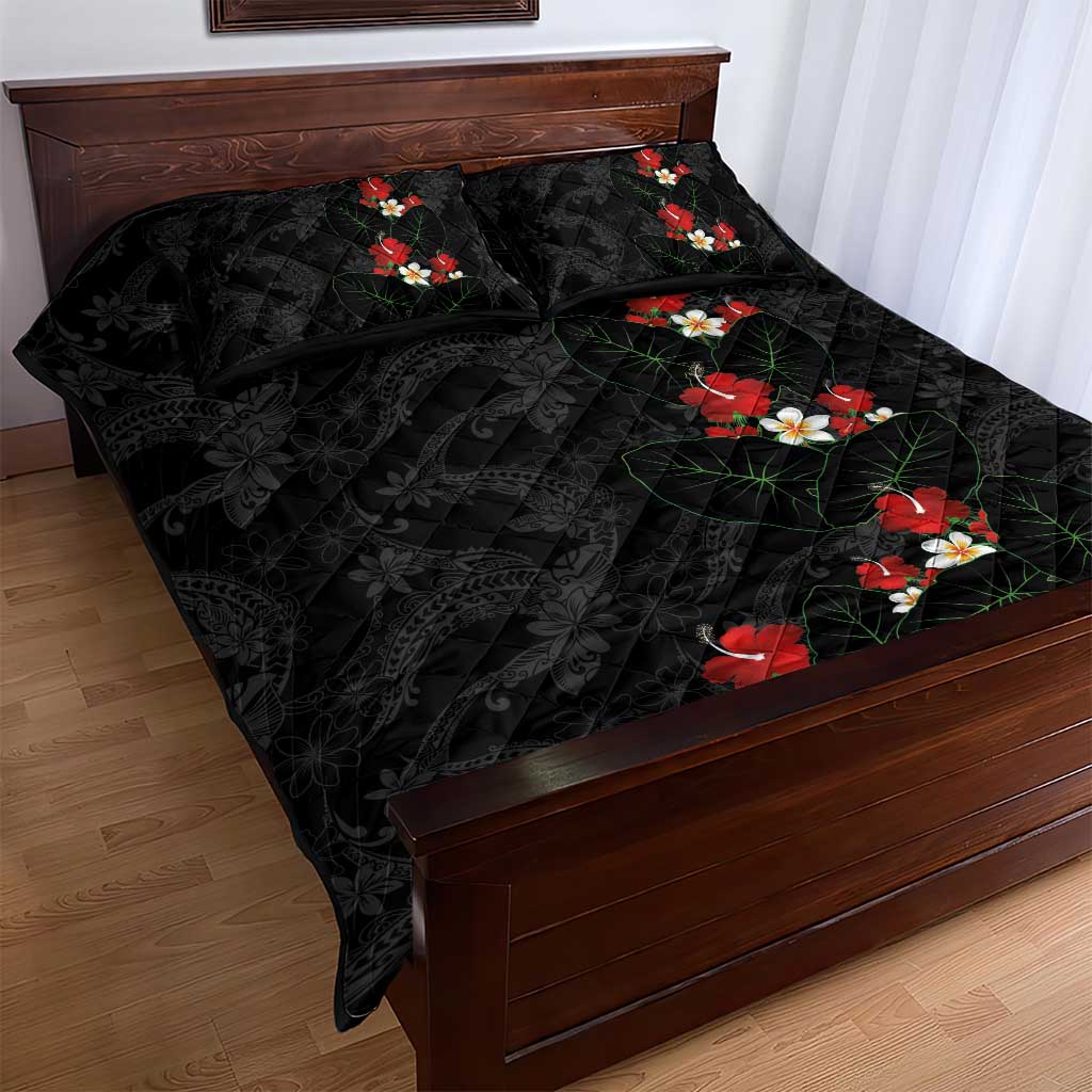 Hawaiian Taro Leaves-Hibiscus and Plumeria Quilt Bed Set Floral Tribal Tattoo Motif LT03 - Polynesian Pride