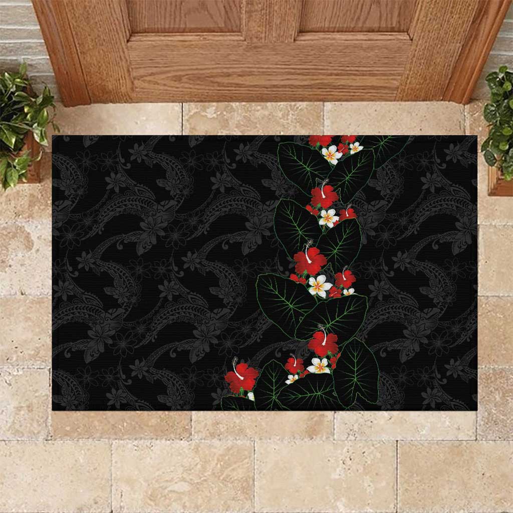 Hawaiian Taro Leaves-Hibiscus and Plumeria Rubber Doormat Floral Tribal Tattoo Motif