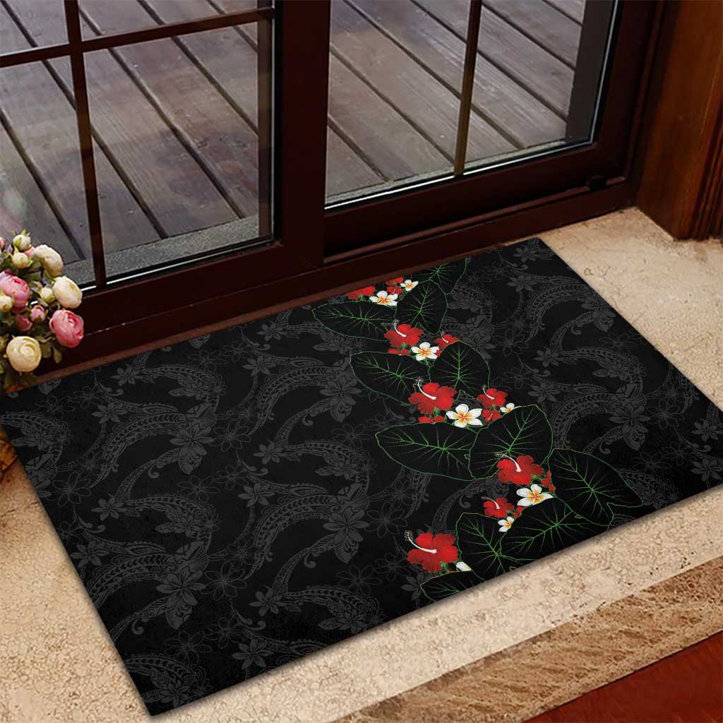 Hawaiian Taro Leaves-Hibiscus and Plumeria Rubber Doormat Floral Tribal Tattoo Motif