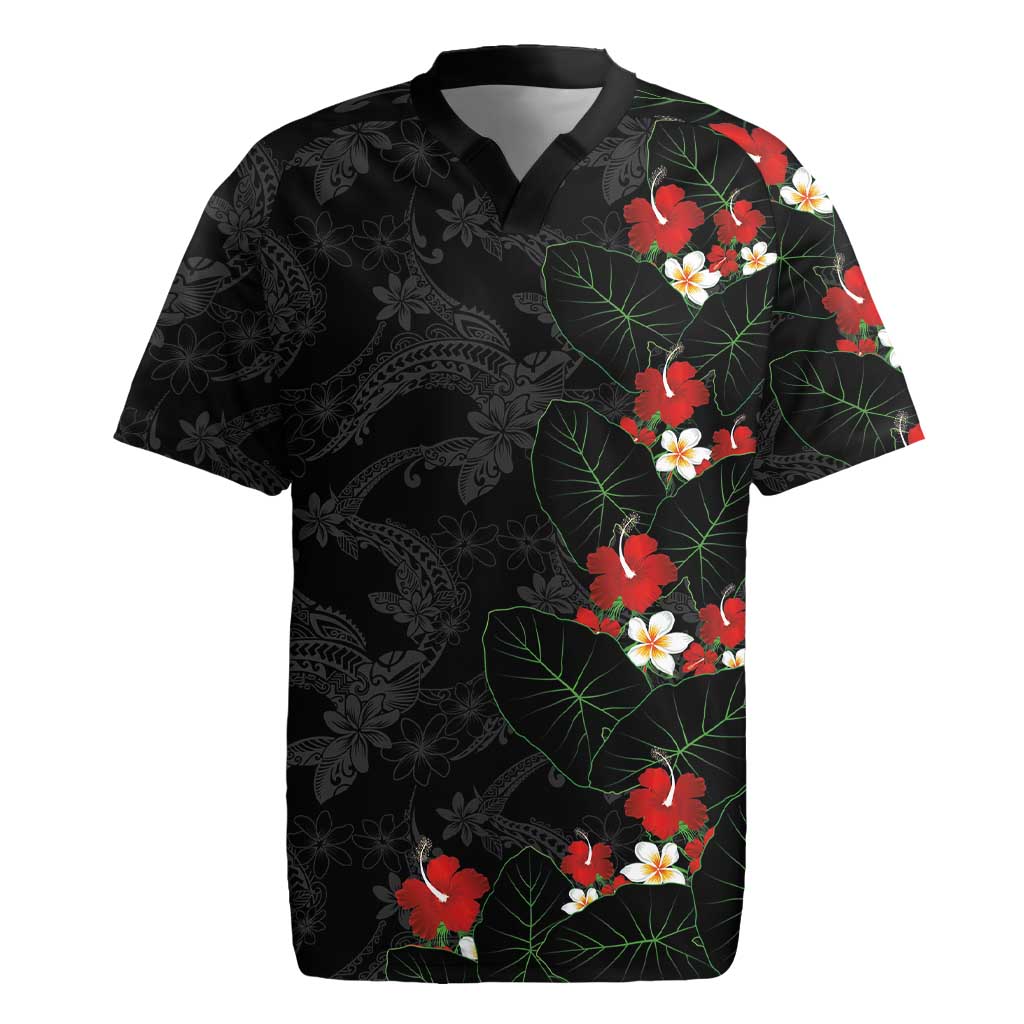 Hawaiian Taro Leaves-Hibiscus and Plumeria Rugby Jersey Floral Tribal Tattoo Motif