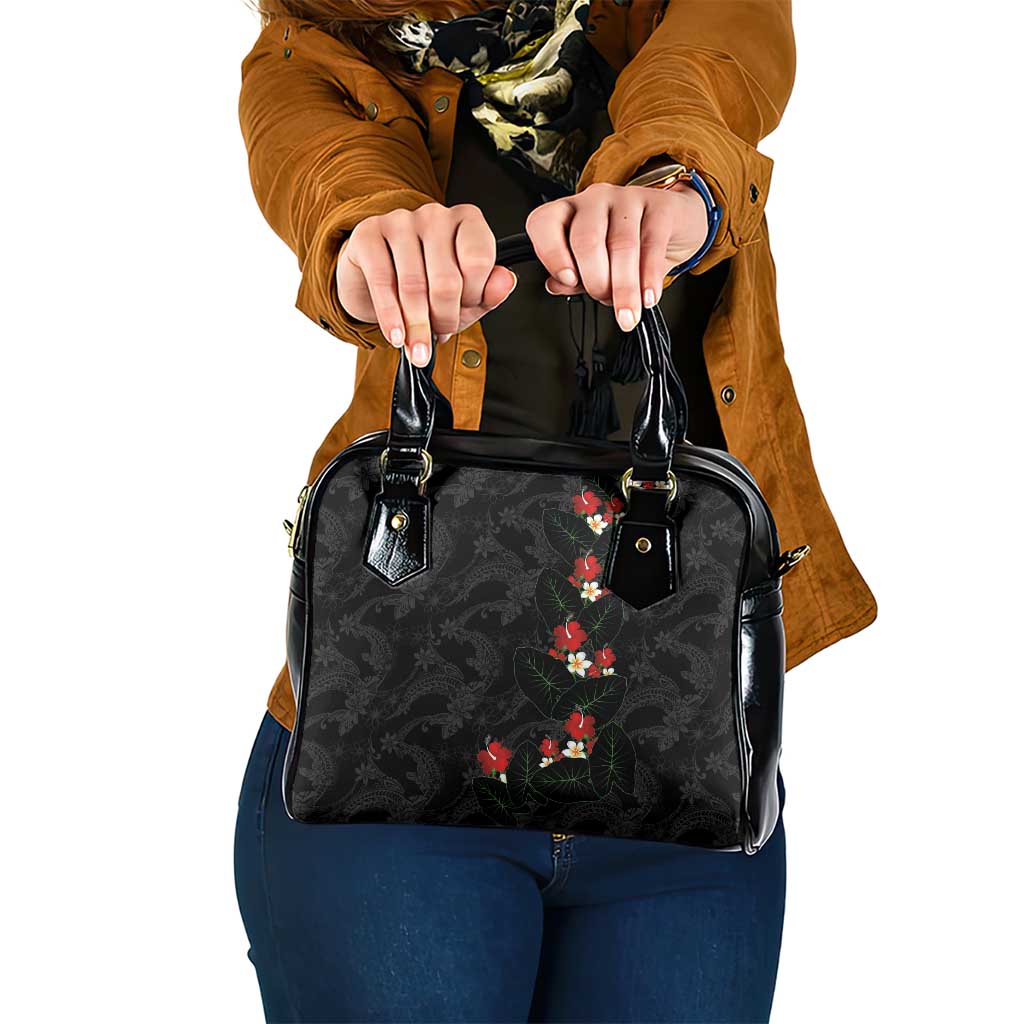 Hawaiian Taro Leaves-Hibiscus and Plumeria Shoulder Handbag Floral Tribal Tattoo Motif