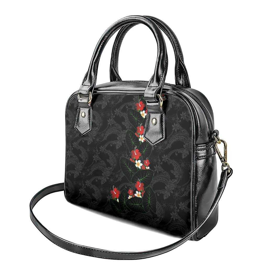Hawaiian Taro Leaves-Hibiscus and Plumeria Shoulder Handbag Floral Tribal Tattoo Motif
