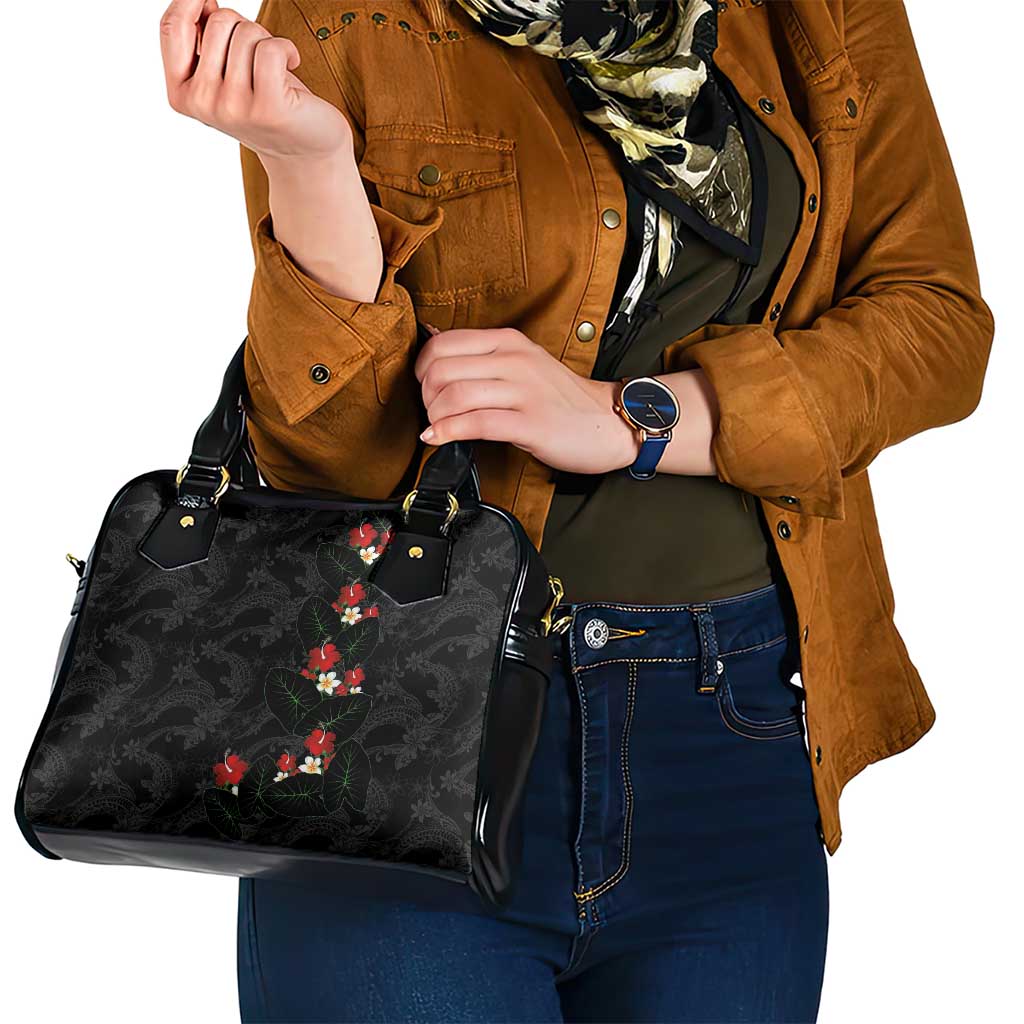 Hawaiian Taro Leaves-Hibiscus and Plumeria Shoulder Handbag Floral Tribal Tattoo Motif