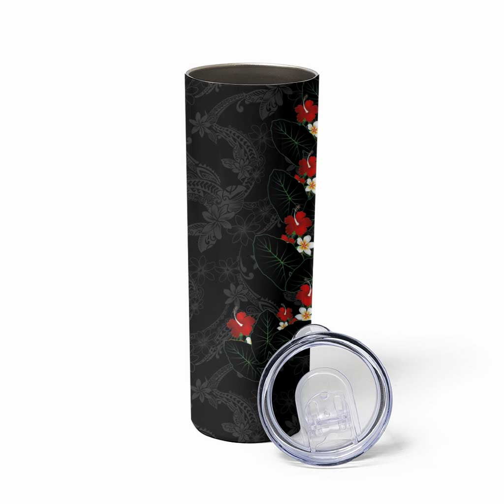 Hawaiian Taro Leaves-Hibiscus and Plumeria Skinny Tumbler Floral Tribal Tattoo Motif