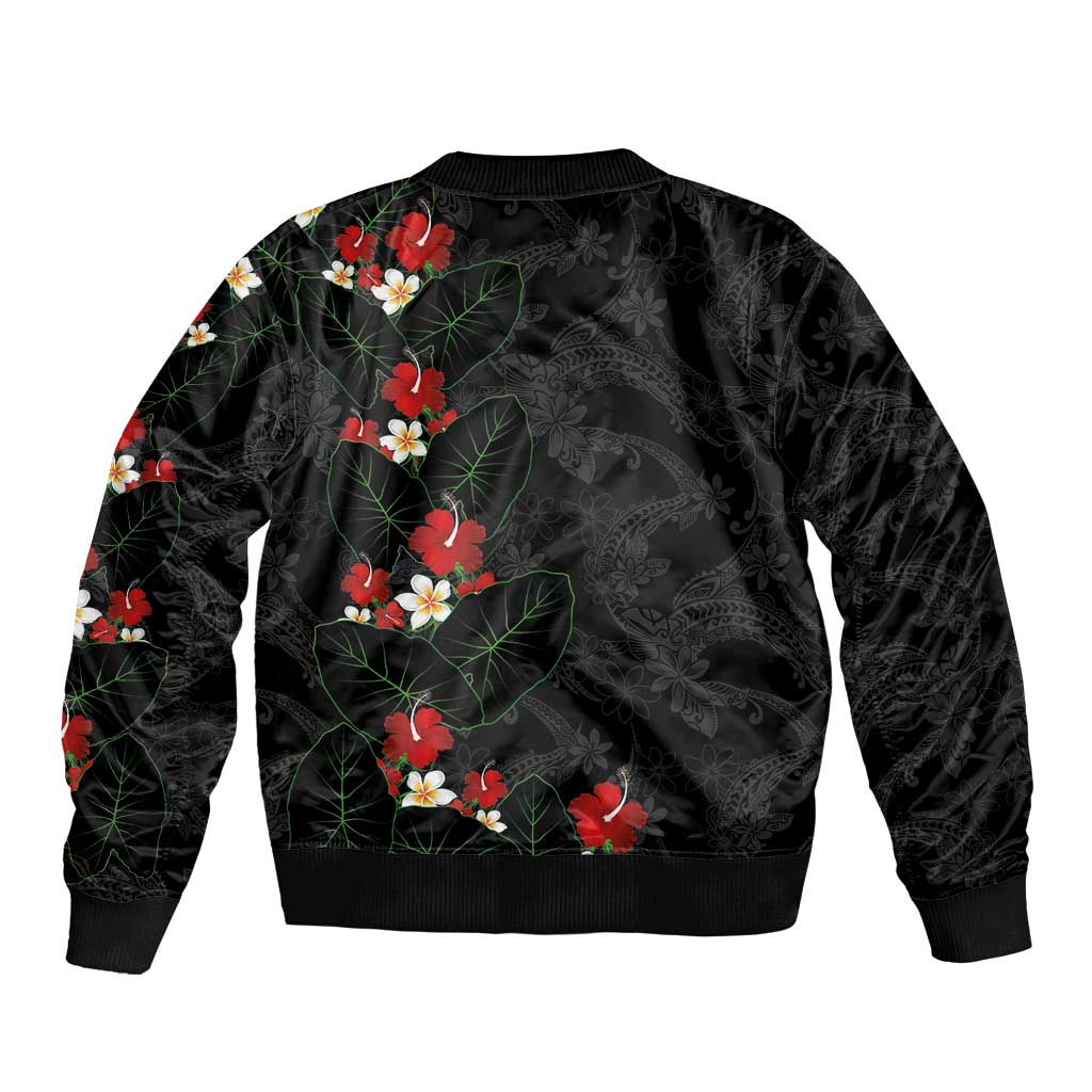 Hawaiian Taro Leaves-Hibiscus and Plumeria Sleeve Zip Bomber Jacket Floral Tribal Tattoo Motif
