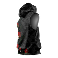 Hawaiian Taro Leaves-Hibiscus and Plumeria Sleeveless Hoodie Floral Tribal Tattoo Motif