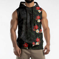Hawaiian Taro Leaves-Hibiscus and Plumeria Sleeveless Hoodie Floral Tribal Tattoo Motif