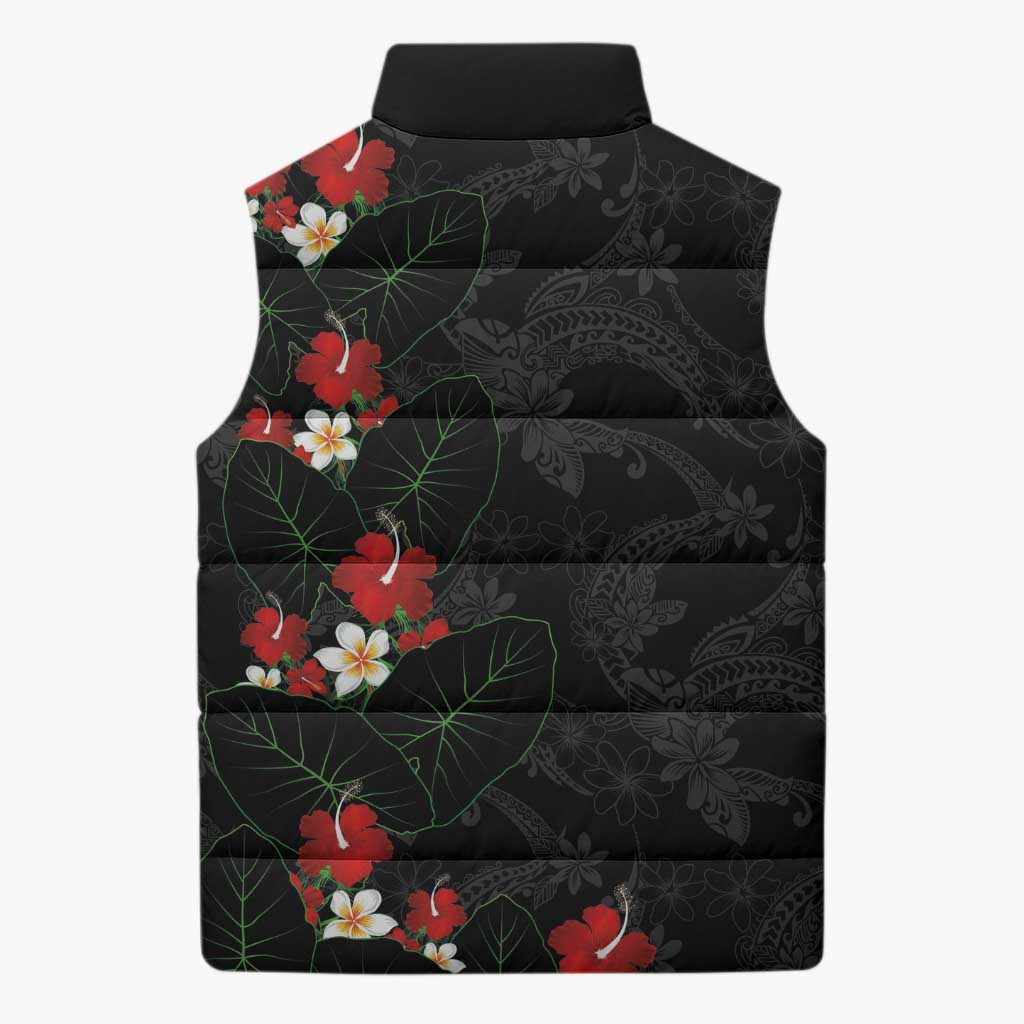 Hawaiian Taro Leaves-Hibiscus and Plumeria Sleeveless Puffer Jacket Floral Tribal Tattoo Motif
