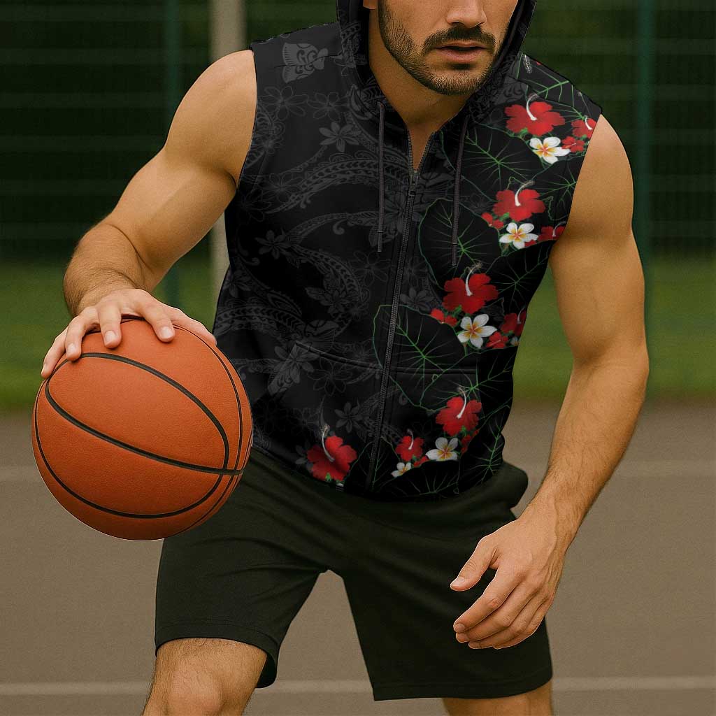 Hawaiian Taro Leaves-Hibiscus and Plumeria Sleeveless Zip Hoodie Floral Tribal Tattoo Motif