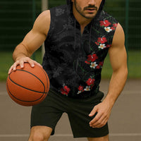 Hawaiian Taro Leaves-Hibiscus and Plumeria Sleeveless Zip Hoodie Floral Tribal Tattoo Motif