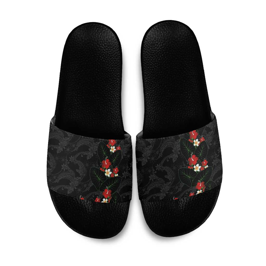 Hawaiian Taro Leaves-Hibiscus and Plumeria Slide Sandals Floral Tribal Tattoo Motif