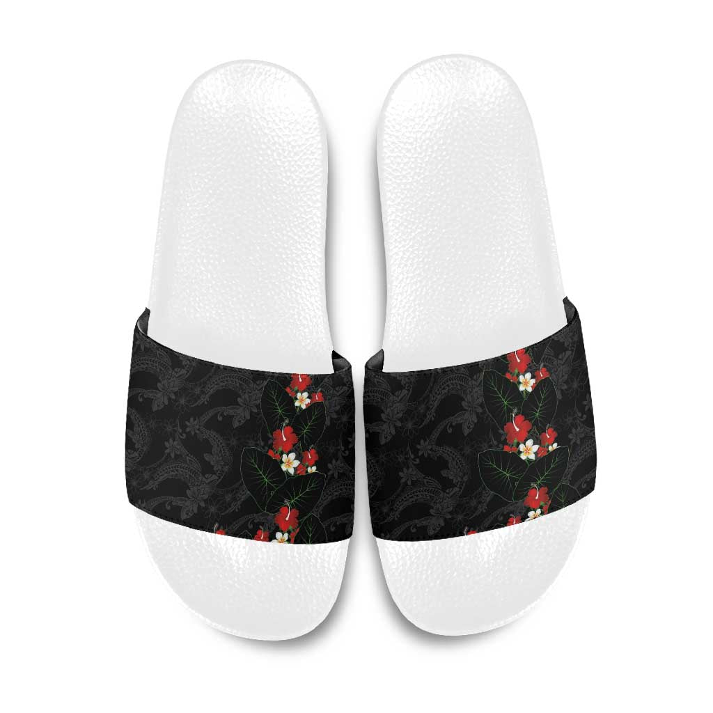 Hawaiian Taro Leaves-Hibiscus and Plumeria Slide Sandals Floral Tribal Tattoo Motif